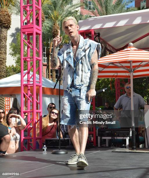 Singer Aaron Carter performs at the Go Pool at Flamingo Las Vegas on April 15, 2017 in Las Vegas, Nevada.