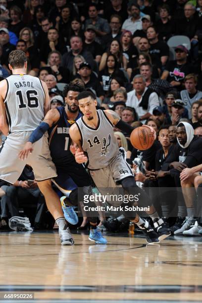 Danny Green of the San Antonio Spurs handles the ball against the Memphis Grizzlies in Game One of Round One during the 2017 NBA Playoffs on April...