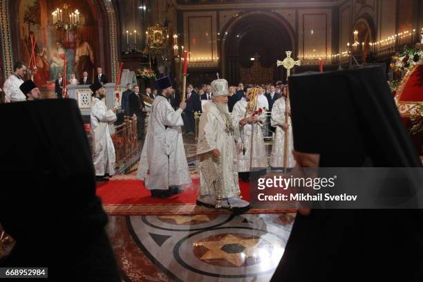 Russian Orthodox Partiarch Kirill and priests attend the Easter Service in the Christ The Saviour Cathedral in Moscow, Russia, early April 2017....