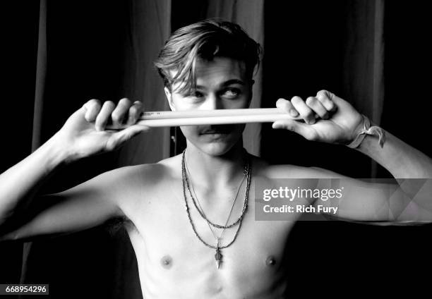 Musician Lucky Blue Smith of The Atomics poses backstage at the Gobi tent during day 2 of the Coachella Valley Music And Arts Festival at Empire Polo...