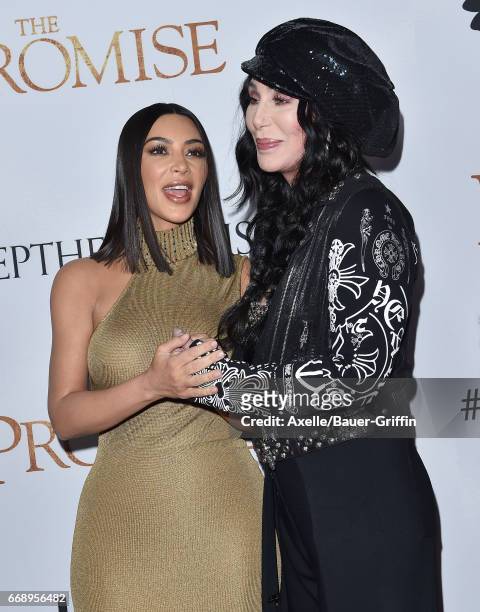 Personality Kim Kardashian and singer/actress Cher arrive at the Premiere of Open Road Films' 'The Promise' at TCL Chinese Theatre on April 12, 2017...