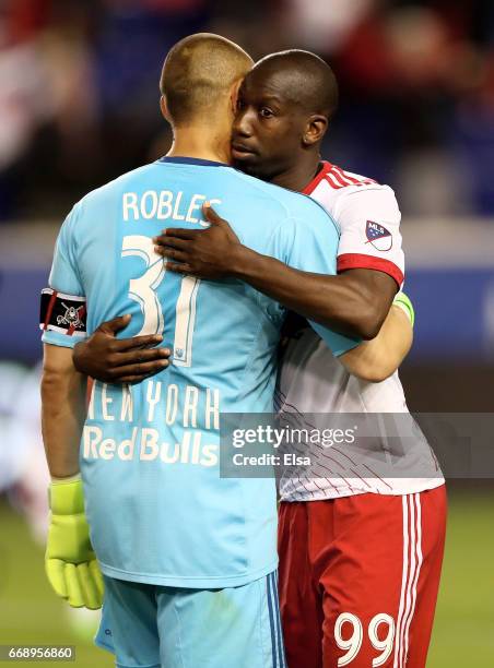 Luis Robles and Bradley Wright-Phillips of New York Red Bulls celebrate the 2-0 win over the D.C. United at Red Bull Arena on April 15, 2017 in...