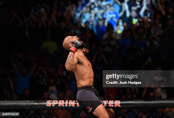 Demetrious Johnson celebrates his submission victory over Wilson Reis of Brazil in their UFC flyweight fight during the UFC Fight Night event at...