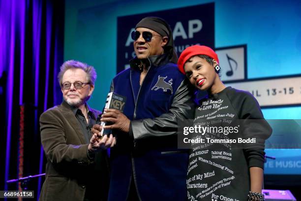 President Paul Williams and musicians Stevie Wonder and Janelle Monae onstage at Stevie Wonder presented with "Key of Life" Award at the ASCAP "I...