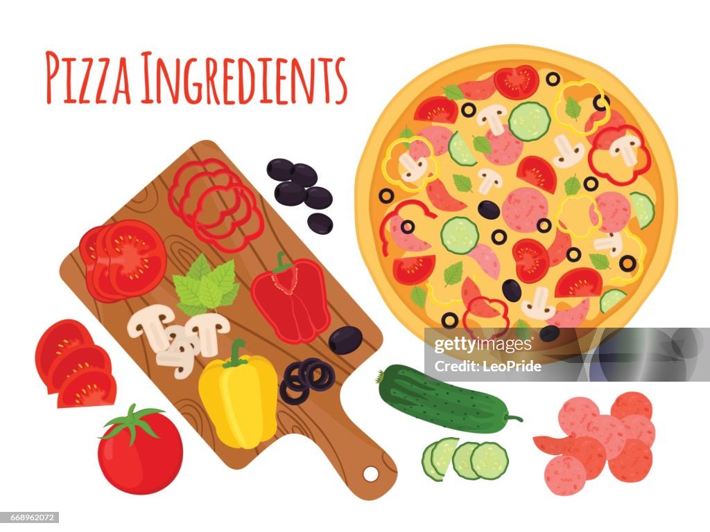 Cartoon Pizza Ingredients Cutting Board And Vegetables Cartoon Flat Style  High-Res Vector Graphic - Getty Images
