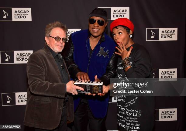 President Paul Williams and musicians Stevie Wonder and Janelle Monae attend Stevie Wonder presented with "Key of Life" Award at the ASCAP "I Create...