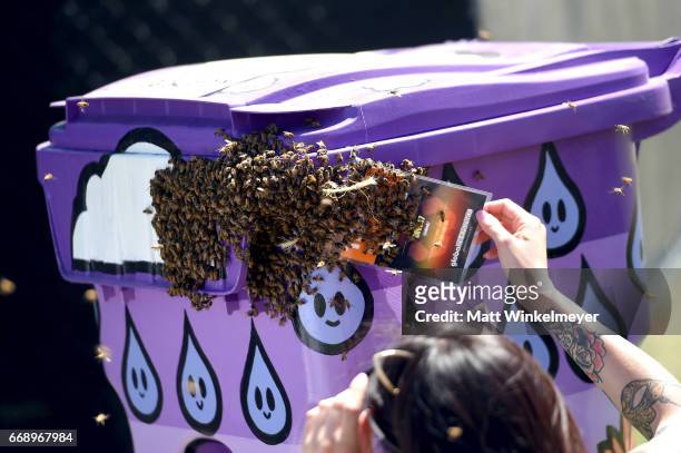 Bees swarm the Trashed x Coachella recycle bin by Olive47 during day 2 of the Coachella Valley Music And Arts Festival at the Empire Polo Club on...
