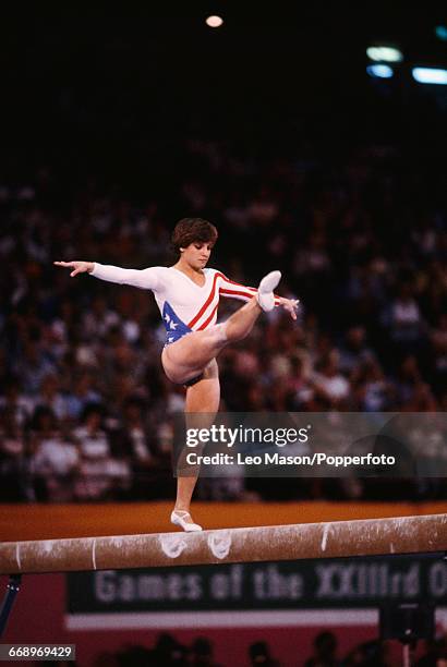 American gymnast Mary Lou Retton pictured in action on the balance beam during competition in the Women's artistic individual all-around event at the...