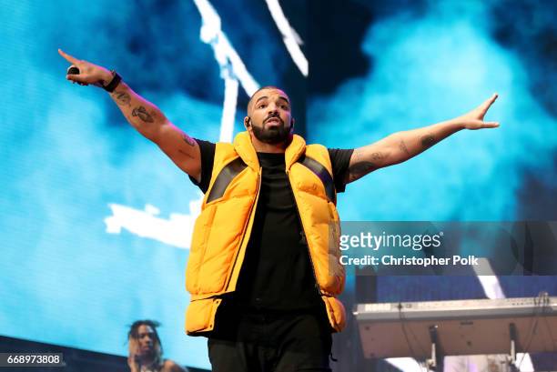 Drake performs on the Coachella stage during day 2 of the Coachella Valley Music And Arts Festival at the Empire Polo Club on April 15, 2017 in...