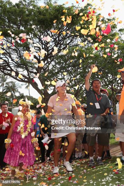 Cristie Kerr is showered with flowers petals after winning the LPGA LOTTE Championship Presented By Hershey at Ko Olina Golf Club on April 15, 2017...