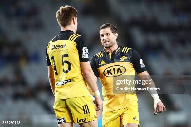 Jordie Barrett of the Hurricanes talks to Cory Jane of the Hurricanes during the round eight Super Rugby match between the Blues and the Hurricanes...