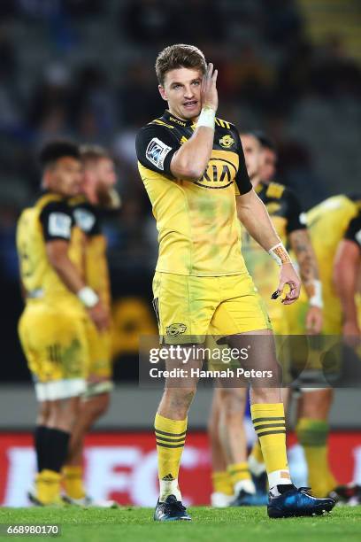 Beauden Barrett of the Hurricanes gives instructions to his team during the round eight Super Rugby match between the Blues and the Hurricanes at...