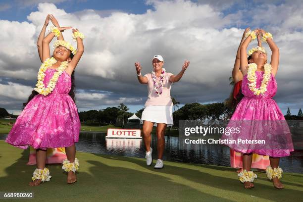 Cristie Kerr dances the hula on the 18th green after winning the LPGA LOTTE Championship Presented By Hershey at Ko Olina Golf Club on April 15, 2017...