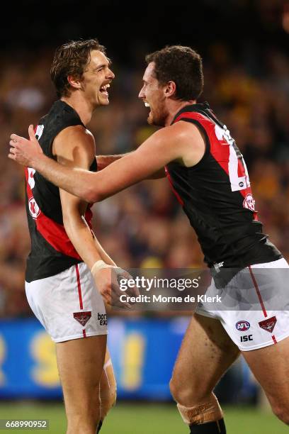 Joe Daniher of the Bombers celebrates with teammate Matthew Leuenberger after Daniher kicked a goal during the round four AFL match between the...