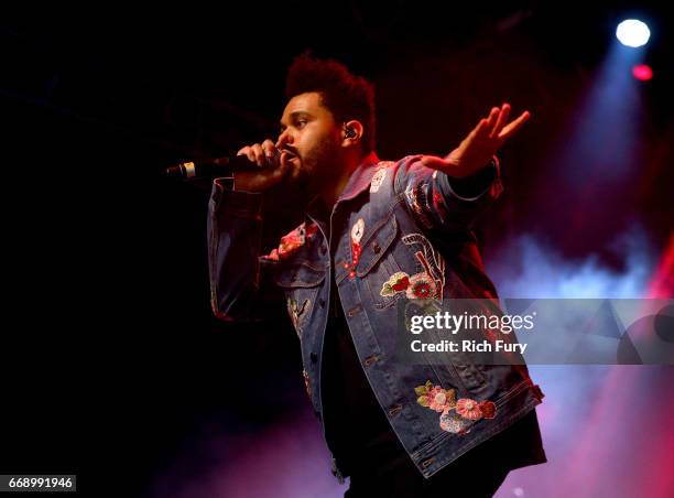 The Weeknd performs onstage at the Gobi tent during day 2 of the Coachella Valley Music And Arts Festival at Empire Polo Club on April 15, 2017 in...