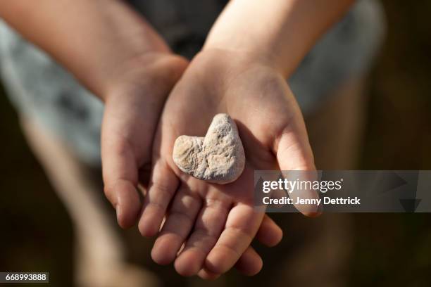 boy holding heart-shaped stone - child love heart hands stockfoto's en -beelden