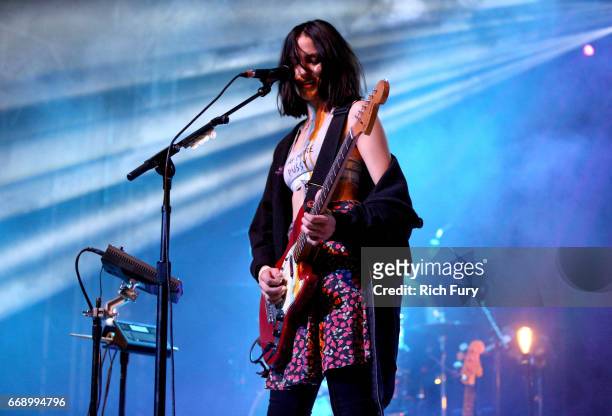 Jenny Lee Lindberg of Warpaint perform onstage at the Gobi tent during day 2 of the Coachella Valley Music And Arts Festival at Empire Polo Club on...
