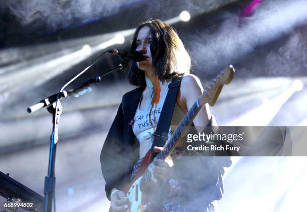 Jenny Lee Lindberg of Warpaint perform onstage at the Gobi tent during day 2 of the Coachella Valley Music And Arts Festival at Empire Polo Club on...