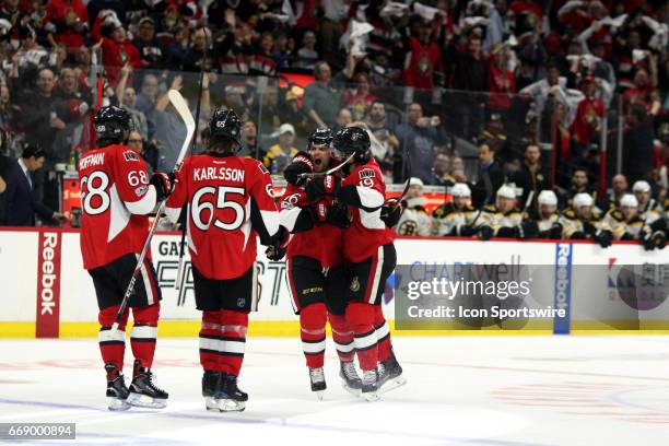 Ottawa Senators Left Wing Clarke MacArthur Ottawa Senators Defenceman Erik Karlsson Ottawa Senators Left Wing Mike Hoffman and Ottawa Senators Center...