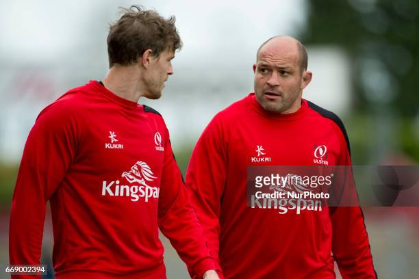 Rory Best and Andrew Trimble of Ulster during the warm-up before the Guinness PRO12 rugby match between Munster Rugby and Ulster Rugby at Thomond...