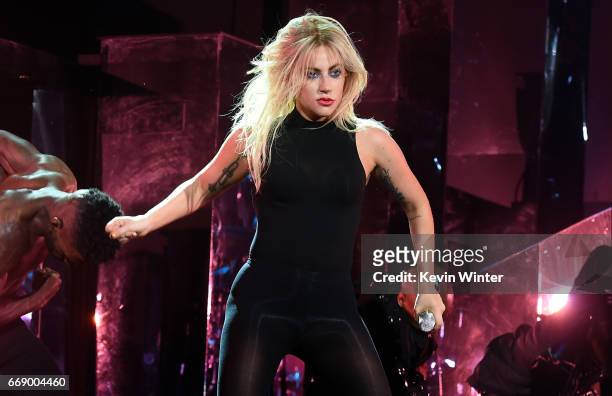 Singer Lady Gaga performs on the Coachella Stage during day 2 of the Coachella Valley Music And Arts Festival at the Empire Polo Club on April 15,...