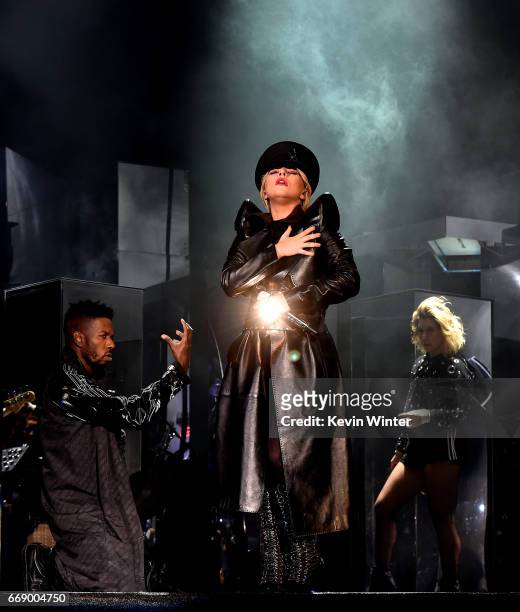 Singer Lady Gaga performs on the Coachella Stage during day 2 of the Coachella Valley Music And Arts Festival at the Empire Polo Club on April 15,...