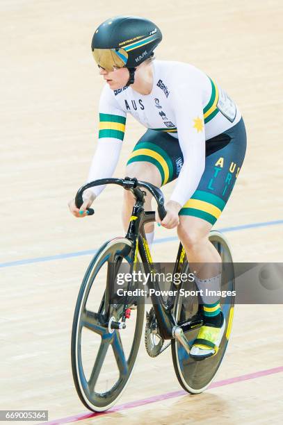 Stephanie Morton of Australia competes in the Women's Keirin - 2nd Round during 2017 UCI World Cycling on April 16, 2017 in Hong Kong, Hong Kong.