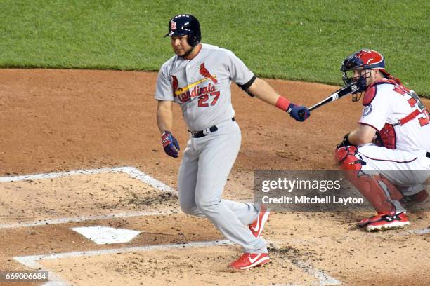 Jhonny Peralta of the St. Louis Cardinals takes a swing during a baseball game against the Washington Nationals at Nationals Park on April 10, 2017...