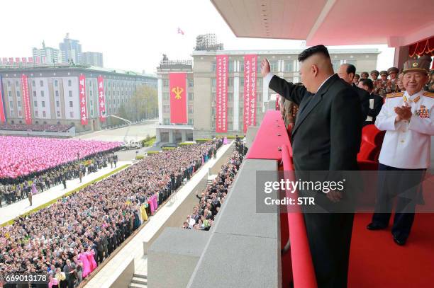 This April 15, 2017 picture released from North Korea's official Korean Central News Agency on April 16, 2017 shows North Korean leader Kim Jong-Un...