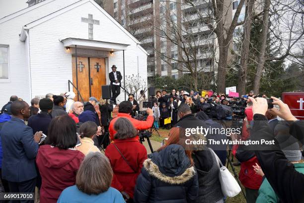 Few hundred people gather outside Macedonia Baptist Church in a rally and march to try to preserve the African American heritage February 12, 2017 in...