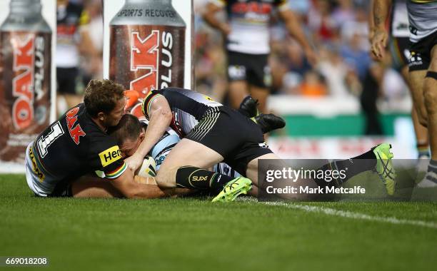 Paul Gallen of the Sharks scores a try during the round seven NRL match between the Penrith Panthers and the Cronulla Sharks at Pepper Stadium on...