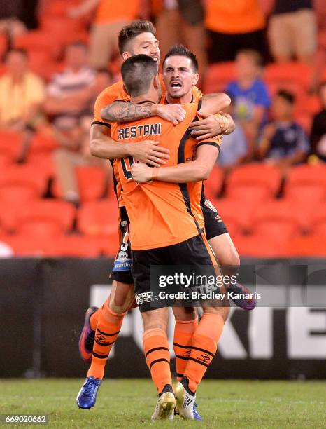 Jamie Maclaren of the Roar celebrates scoring a goal during the round 27 A-League match between the Brisbane Roar and the Wellington Phoenix at...