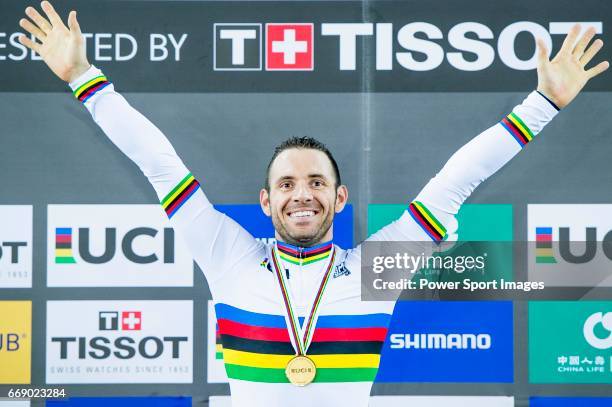 Francois Pervis of France celebrates winning in the Men's Kilometre TT's prize ceremony during 2017 UCI World Cycling on April 16, 2017 in Hong Kong,...