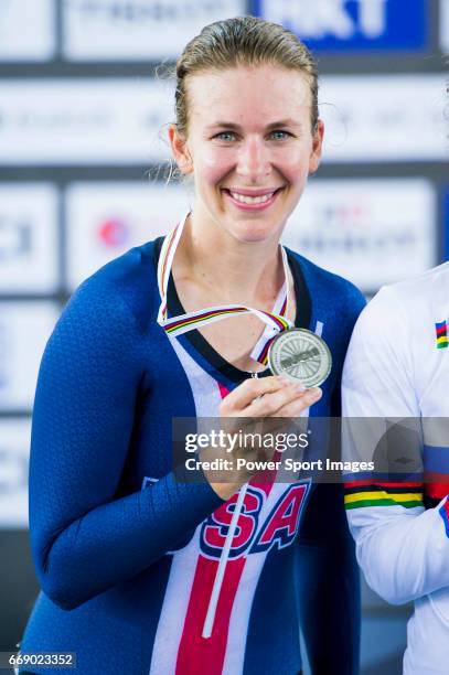 Sarah Hammer of USA receives the silver medal in the Women's Points Race 25 km's prize ceremony during 2017 UCI World Cycling on April 16, 2017 in...