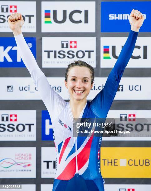 Elinor Barker of Great Britain celebrates winning in the Women's Points Race 25 km's prize ceremony during 2017 UCI World Cycling on April 16, 2017...