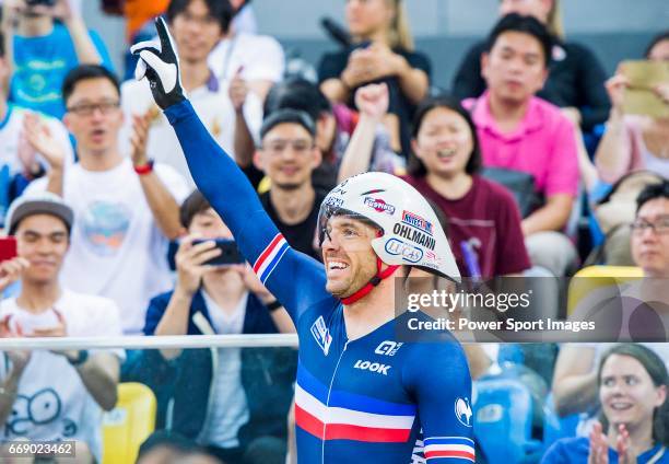 Francois Pervis of France celebrates winning in the Men's Kilometre TT Final during 2017 UCI World Cycling on April 16, 2017 in Hong Kong, Hong Kong.