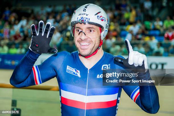 Francois Pervis of France celebrates winning in the Men's Kilometre TT Final during 2017 UCI World Cycling on April 16, 2017 in Hong Kong, Hong Kong.