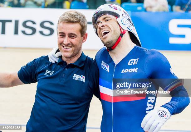 Francois Pervis of France celebrates winning in the Men's Kilometre TT Final during 2017 UCI World Cycling on April 16, 2017 in Hong Kong, Hong Kong.