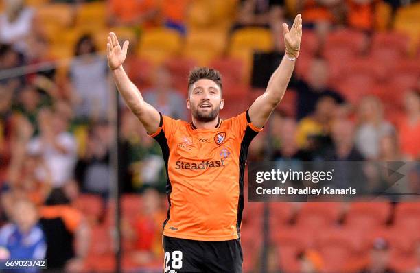 Brandon Borrello of the Roar celebrates scoring a goal during the round 27 A-League match between the Brisbane Roar and the Wellington Phoenix at...