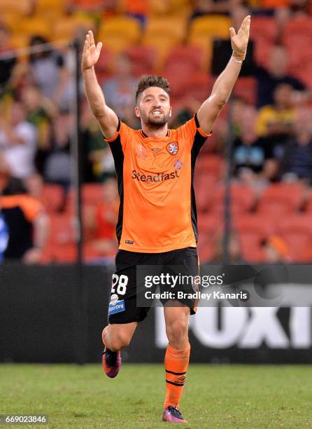 Brandon Borrello of the Roar celebrates scoring a goal during the round 27 A-League match between the Brisbane Roar and the Wellington Phoenix at...