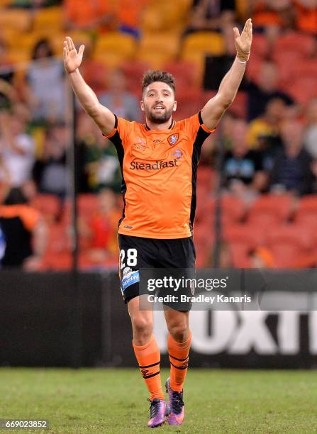 Brandon Borrello of the Roar celebrates scoring a goal during the round 27 A-League match between the Brisbane Roar and the Wellington Phoenix at...