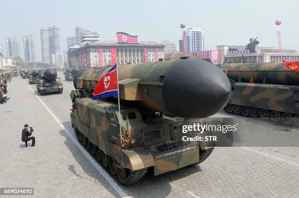 This April 15, 2017 picture released from North Korea's official Korean Central News Agency on April 16, 2017 shows Korean People's ballistic...