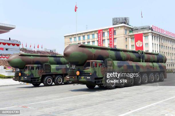 This April 15, 2017 picture released from North Korea's official Korean Central News Agency on April 16, 2017 shows Korean People's ballistic...