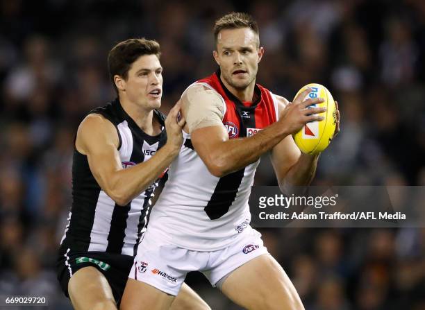 Nathan Brown of the Saints in action ahead of Jack Crisp of the Magpies during the 2017 AFL round 04 match between the Collingwood Magpies and the St...