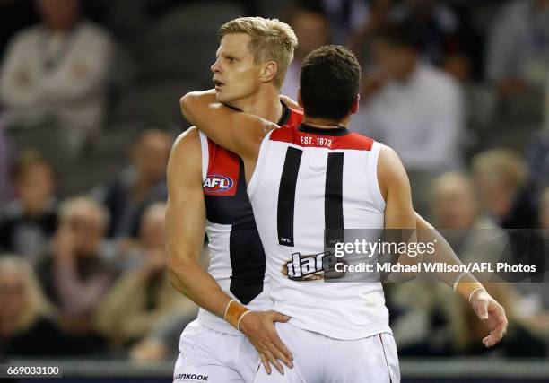 Nick Riewoldt and Leigh Montagna of the Saints celebrate during the 2017 AFL round 04 match between the Collingwood Magpies and the St Kilda Saints...