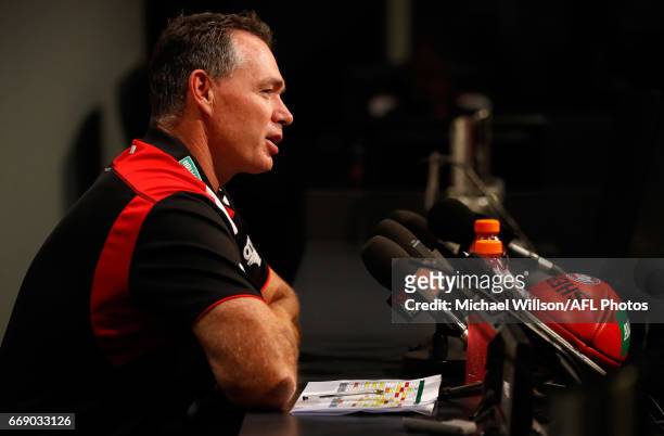 Alan Richardson, Senior Coach of the Saints addresses the media during the 2017 AFL round 04 match between the Collingwood Magpies and the St Kilda...