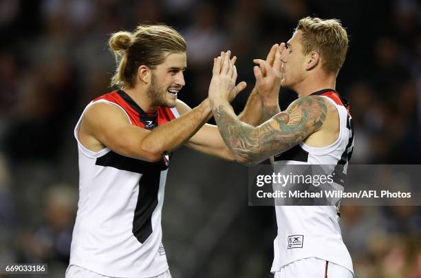 Josh Bruce and Tim Membrey of the Saints celebrate during the 2017 AFL round 04 match between the Collingwood Magpies and the St Kilda Saints at...