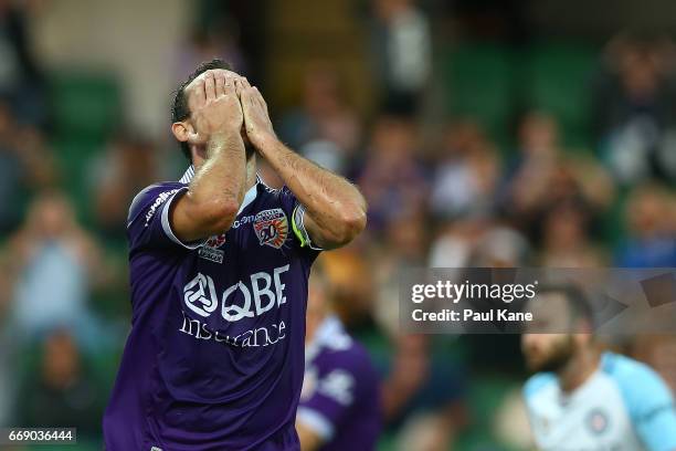 Richard Garcia of the Glory reacts after a missed goal during the round 27 A-League match between the Perth Glory and Melbourne City FC at nib...