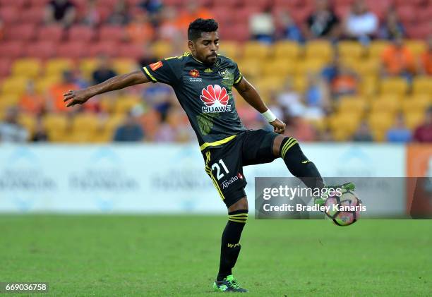 Roy Krishna of the Phoenix controls the ball during the round 27 A-League match between the Brisbane Roar and the Wellington Phoenix at Suncorp...