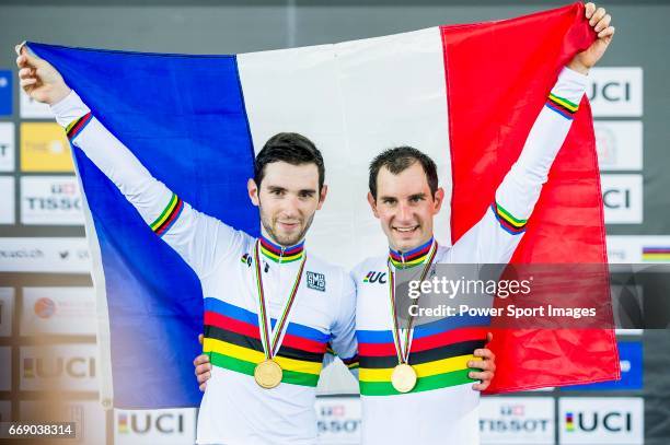 Morgan Kneisky and Benjamin Thomas of France celebrate winning in the Men's Madison 50 km Final's prize ceremony during 2017 UCI World Cycling on...